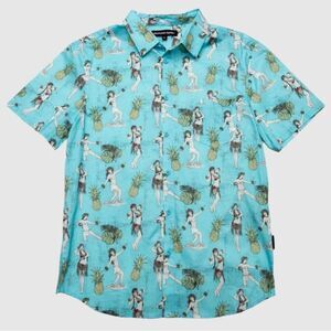 NWT Psycho Tuna Men's Blue Hawaiian Hula Girls Short Sleeve Shirt Size XXL